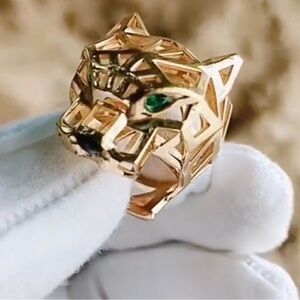 Gold Panther Ring with Green Accents